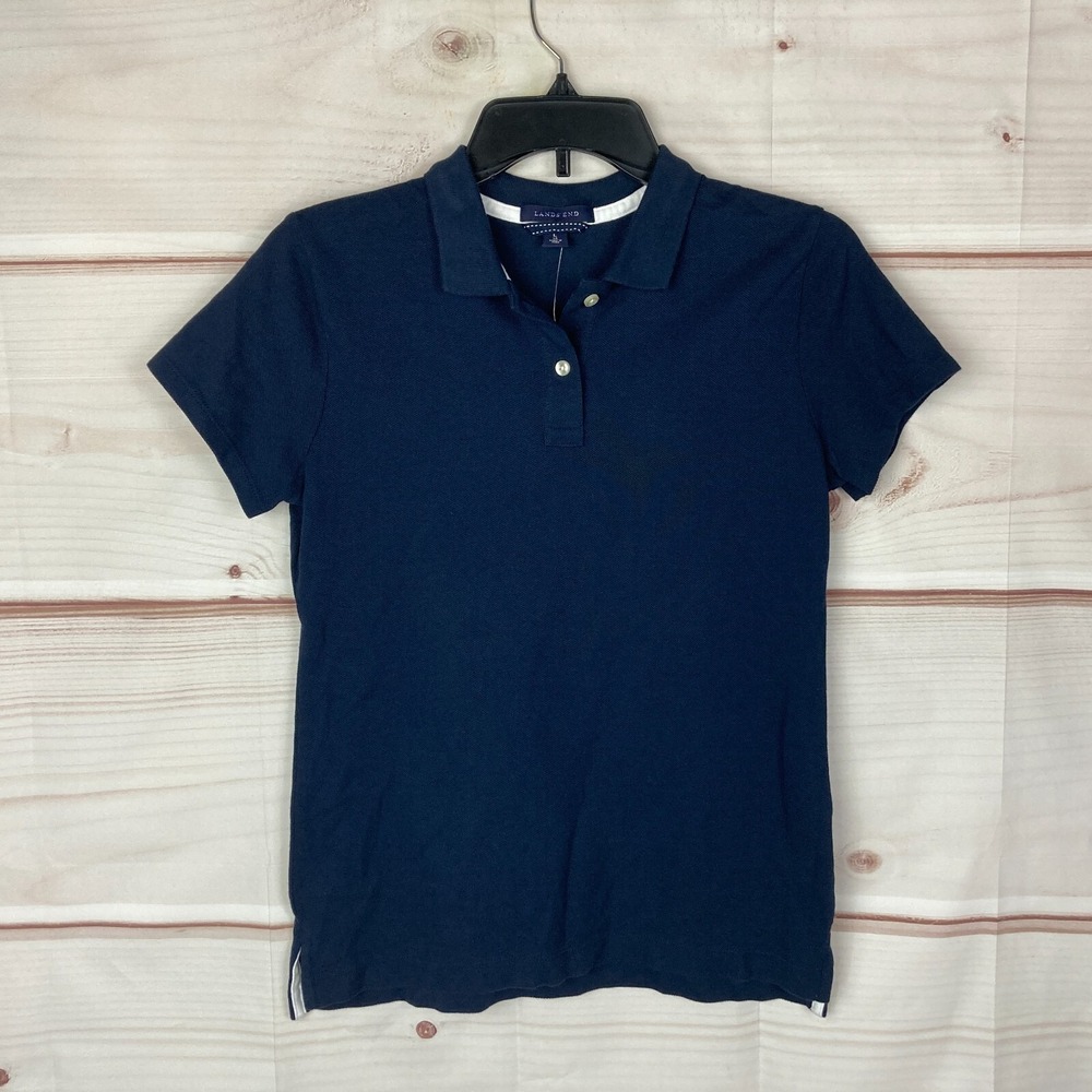 Lands End Top Girls Boys‎ L Navy Blue Pique Cotton Short Sleeve Polo Uniform